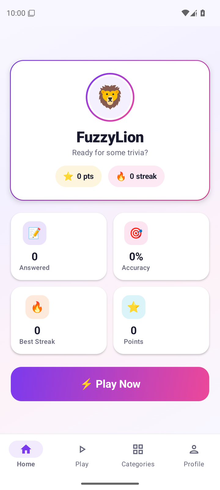 Zinq Android app — home screen showing trivia question feed
