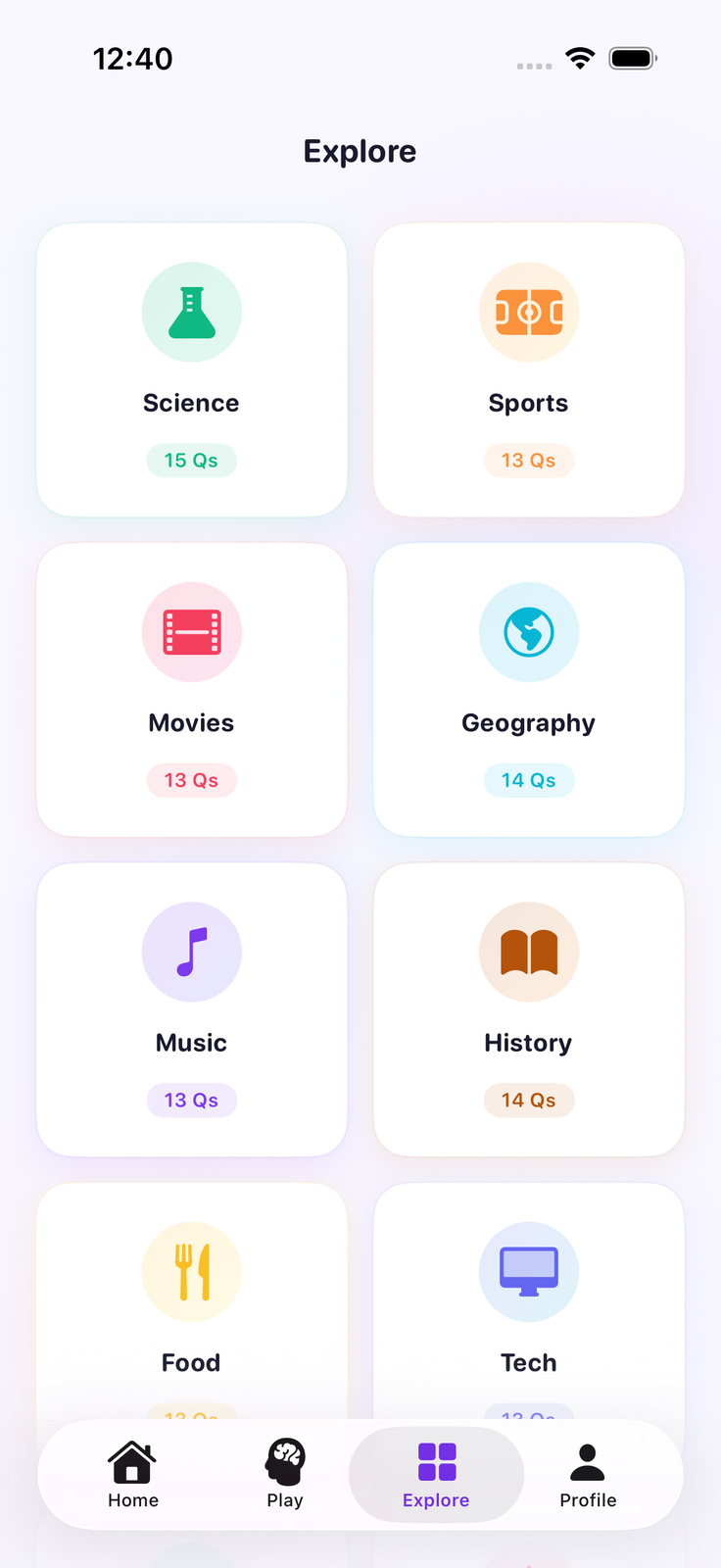 Zinq iOS app — explore screen browsing question categories