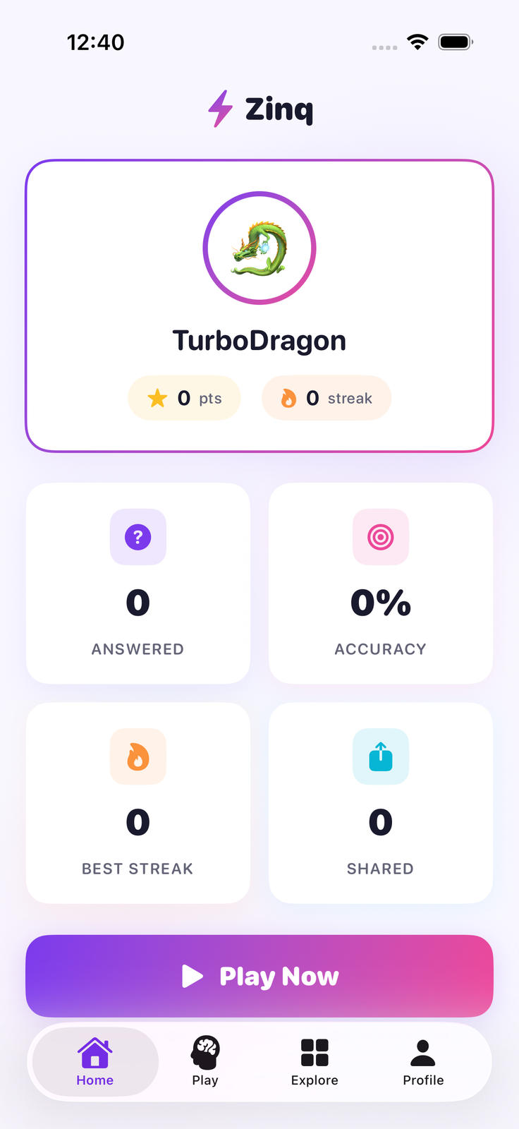 Zinq iOS app — home screen showing trivia question feed