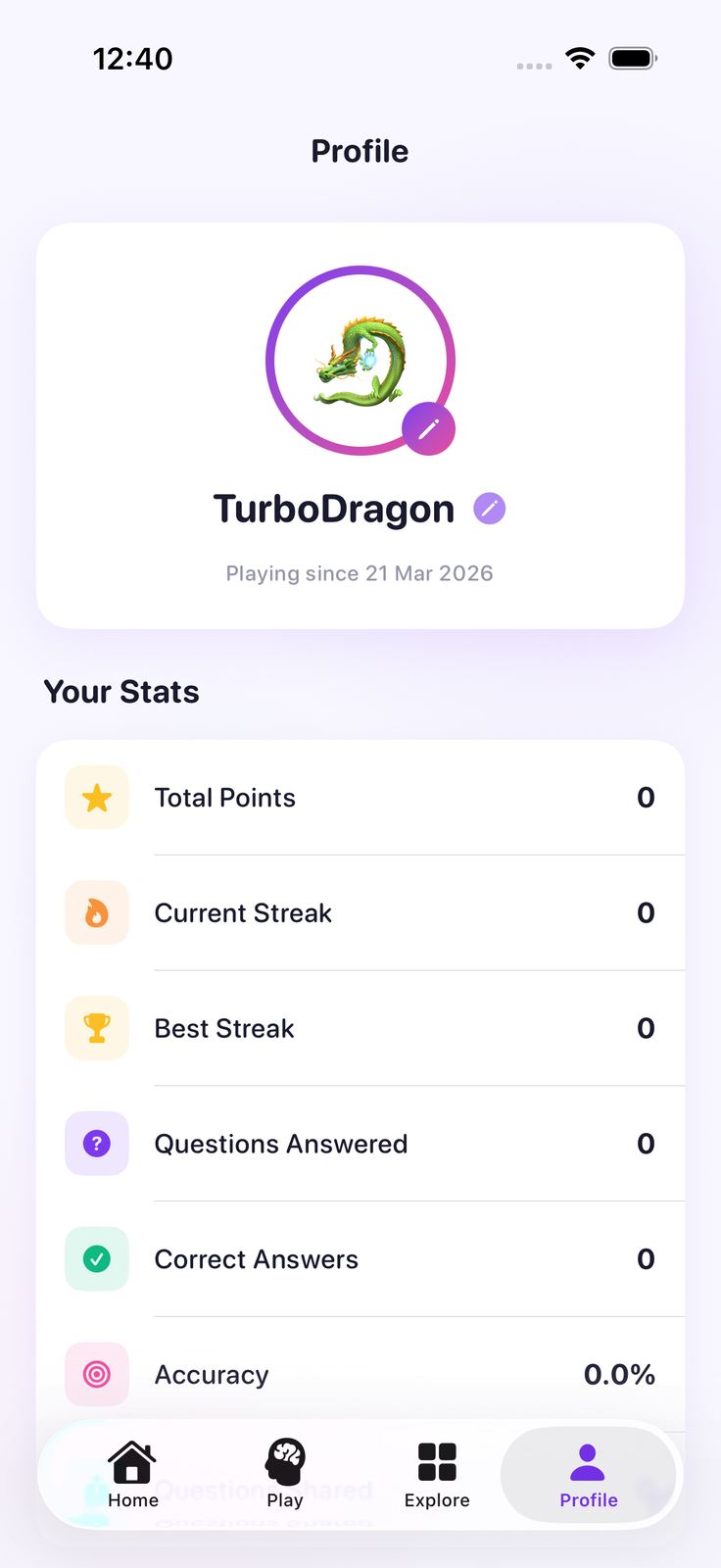 Zinq iOS app — player profile showing streak and score history